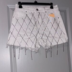 Stylish White Embellished Jean Shorts